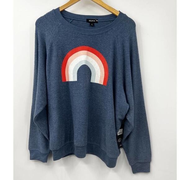 Wildfox Sweatshirt Women's Freedom Rainbow Pullover Stretch Blue Size L New - Picture 2 of 8